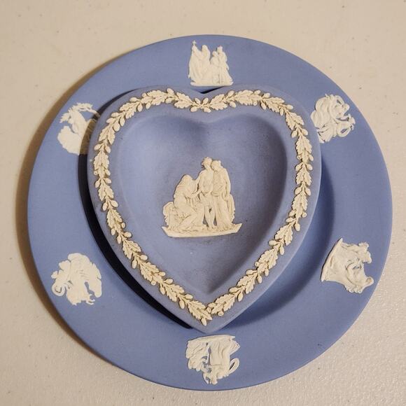 Vintage 1956 Wedgwood Jasperware Blue Heart Trinket Dish & Saucer Plate England - Picture 1 of 8